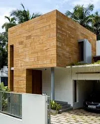 Modern residential home with wood and stone facade